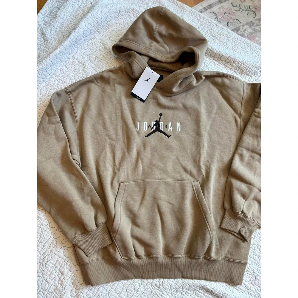 Jordan Mens Oversized Fleece Hoodie Tan Khaki Jumpman Logo Size Medium